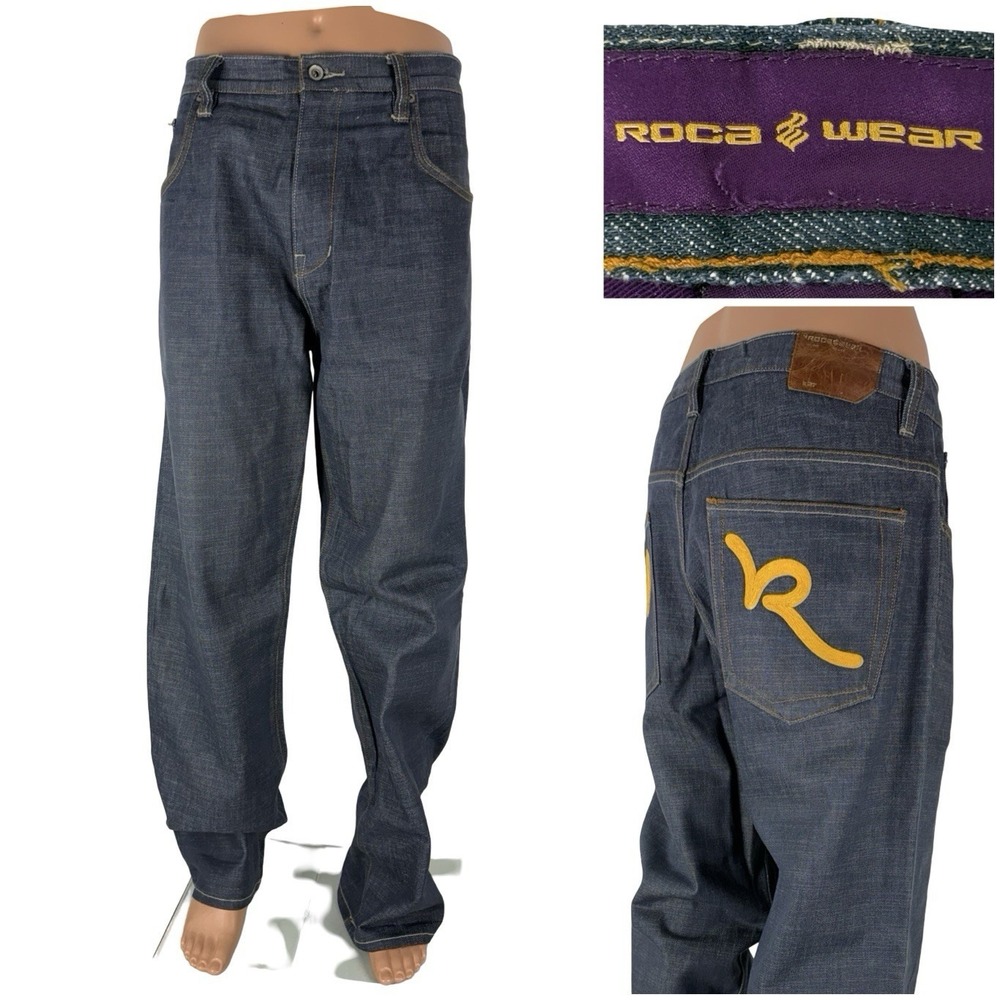 Rocawear Mens 38 Jeans Baggy Embroidered Logo Blue Denim Vintage Y2K 100% Cotton